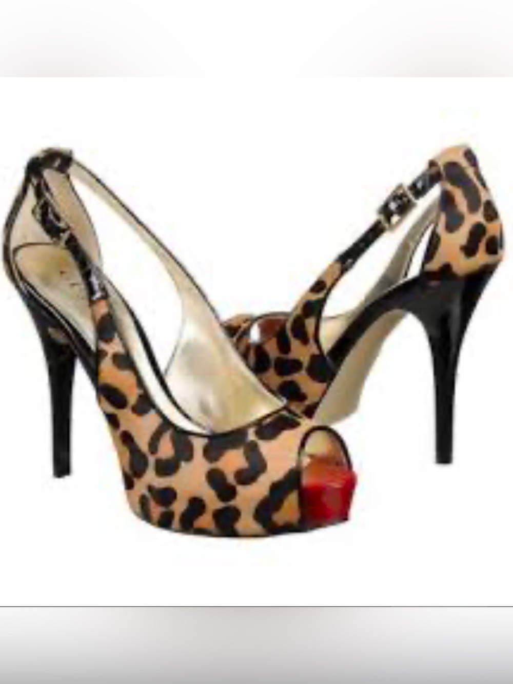 Guess Leopard Print Peep-Toe Slingback Heels with Red Accent